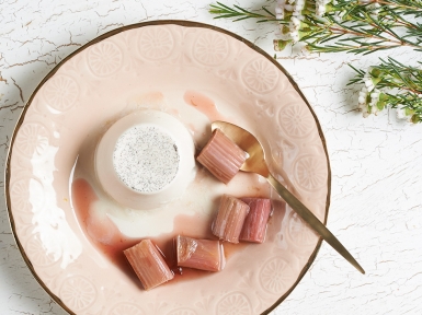almond milk panna cotta with poached rhubarb